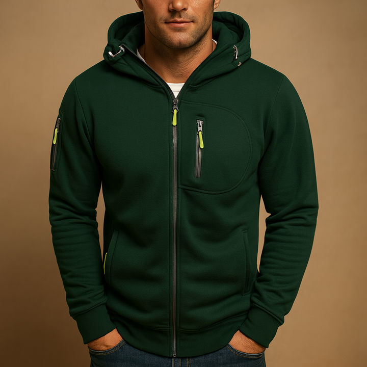 Men's hooded zip-up hoodie with long sleeves and multiple zipped pockets
