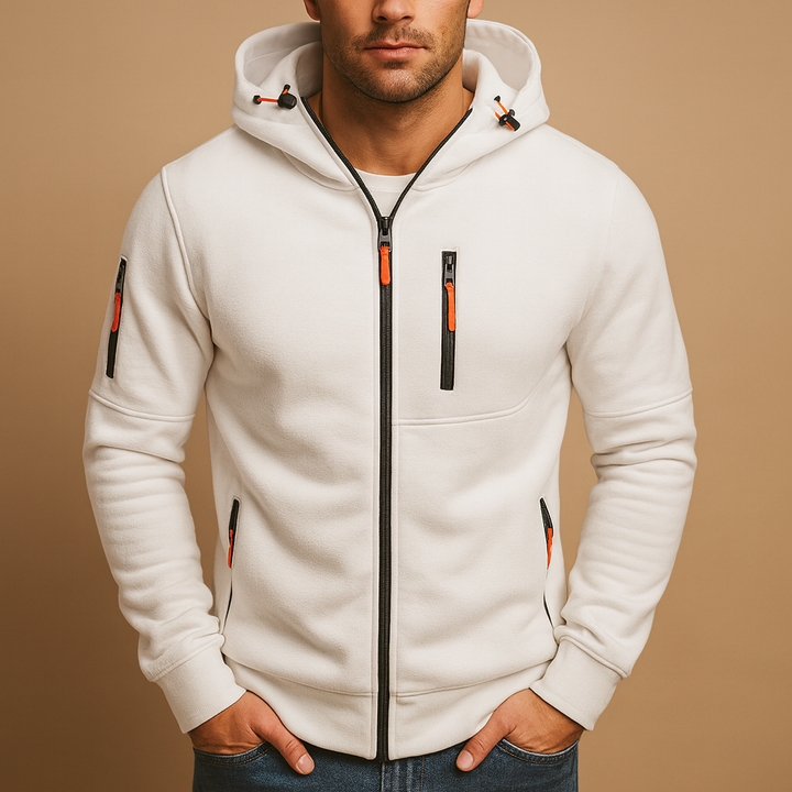 Men's hooded zip-up hoodie with long sleeves and multiple zipped pockets