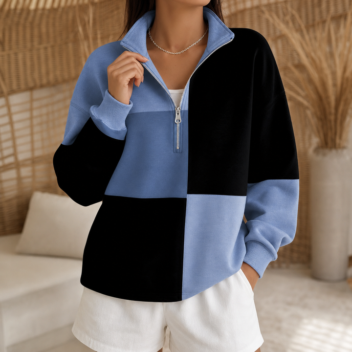 Women's blue and black colourblock half-zip sweatshirt with stand collar and long sleeves