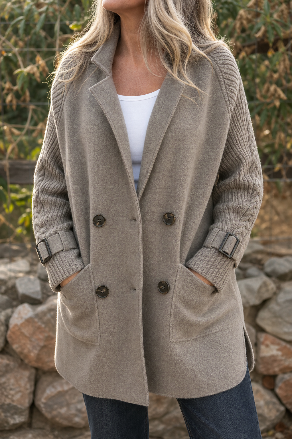 Women's longline coat with double-breasted buttons and cable-knit sleeves
