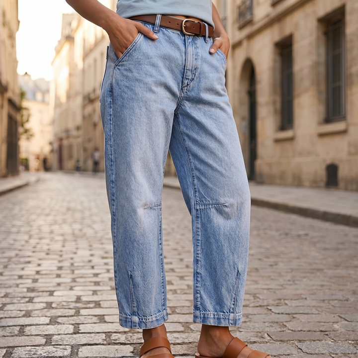 Women's light blue high-waisted cropped barrel jeans
