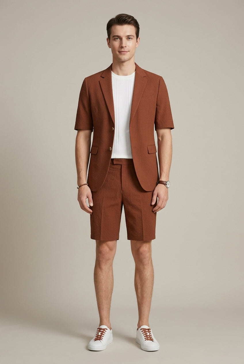 Men's rust textured short-sleeve blazer and matching shorts two-piece set