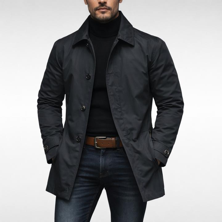 Men's single-breasted mid-length coat with pointed collar and button front