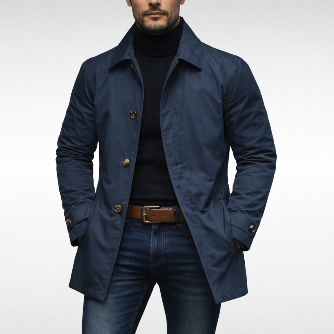 Men's single-breasted mid-length coat with pointed collar and button front