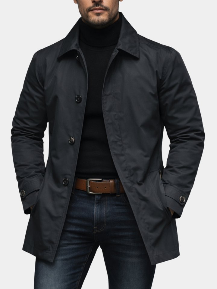 Men's single-breasted mid-length coat with pointed collar and button front