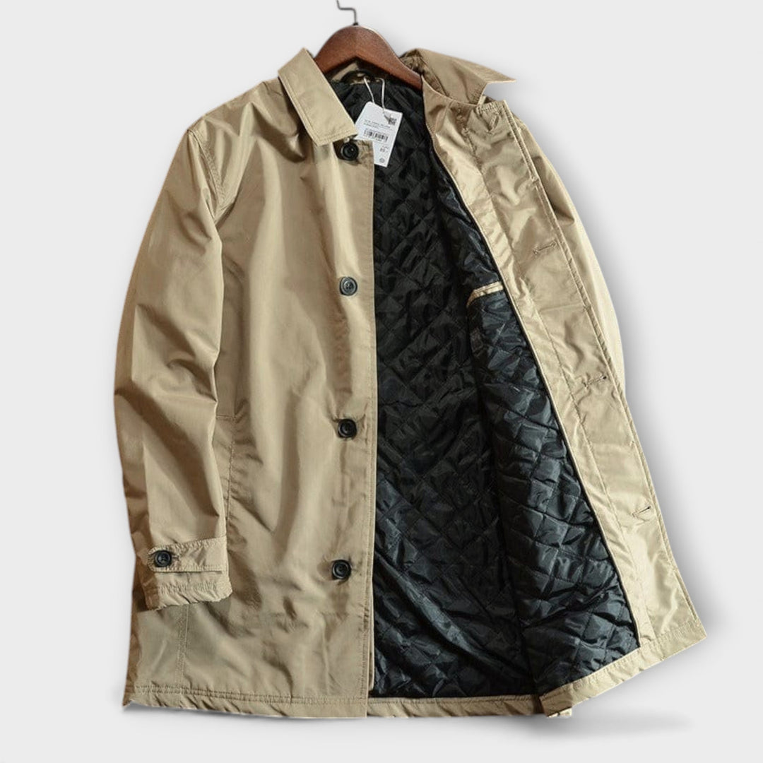 Men's single-breasted mid-length coat with pointed collar and button front