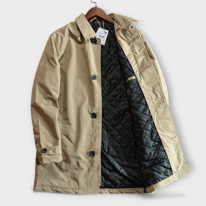 Men's single-breasted mid-length coat with pointed collar and button front