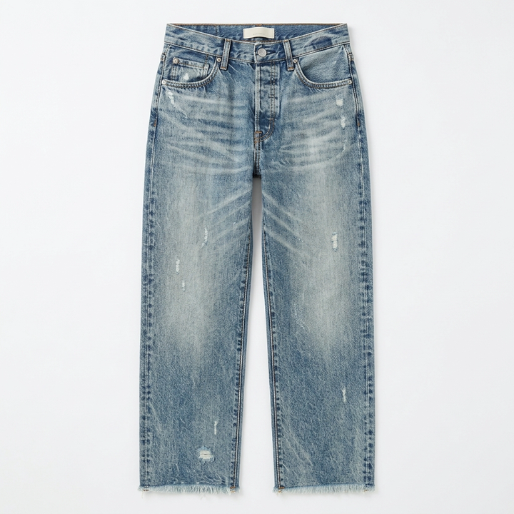Women's cropped straight leg jeans with distressed details and frayed hems