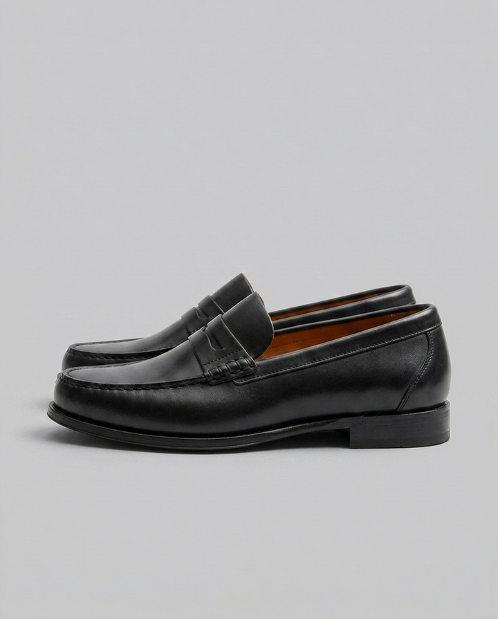 Men's slip-on penny loafers with moc-toe stitching and low heel