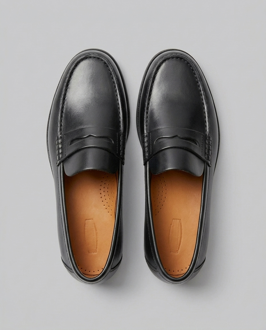 Men's slip-on penny loafers with moc-toe stitching and low heel
