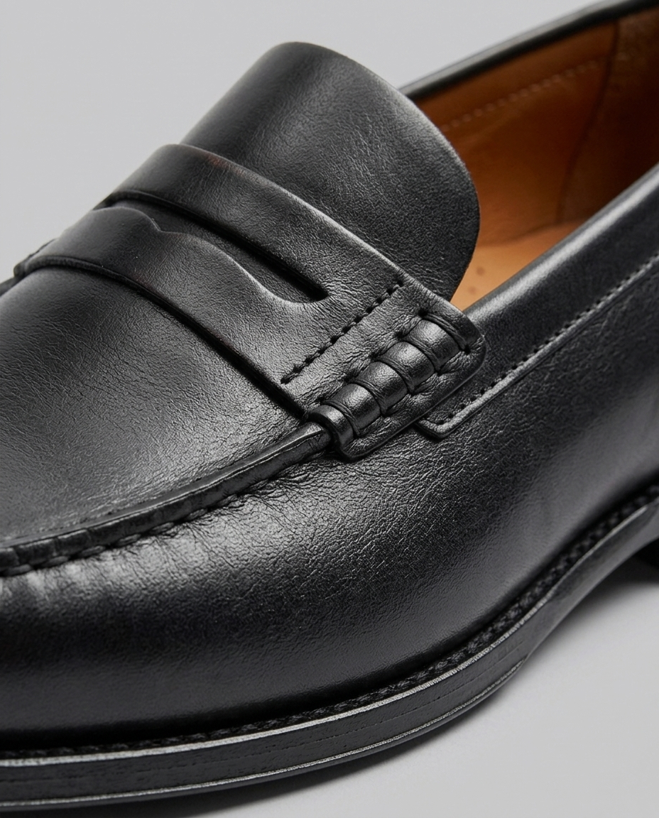 Men's slip-on penny loafers with moc-toe stitching and low heel