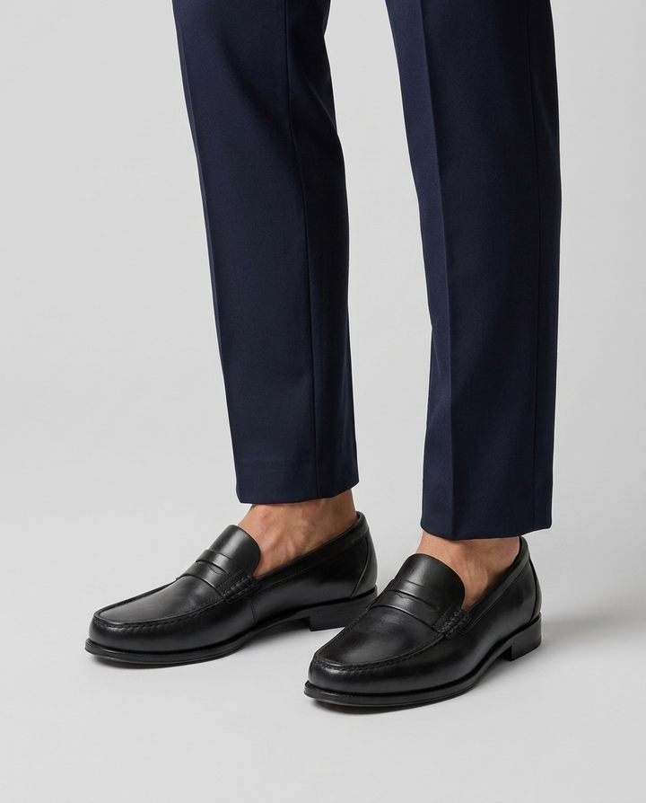 Men's slip-on penny loafers with moc-toe stitching and low heel