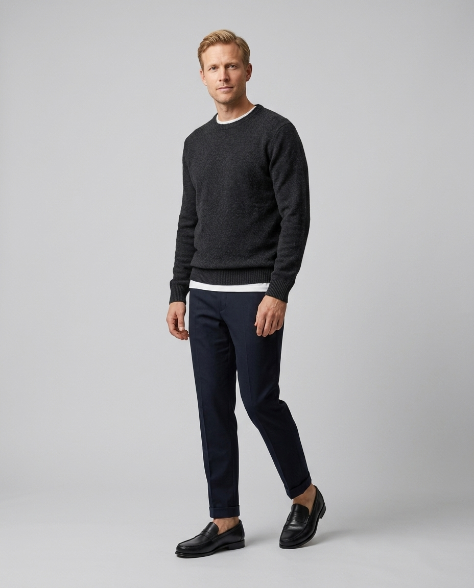 Men's slip-on penny loafers with moc-toe stitching and low heel