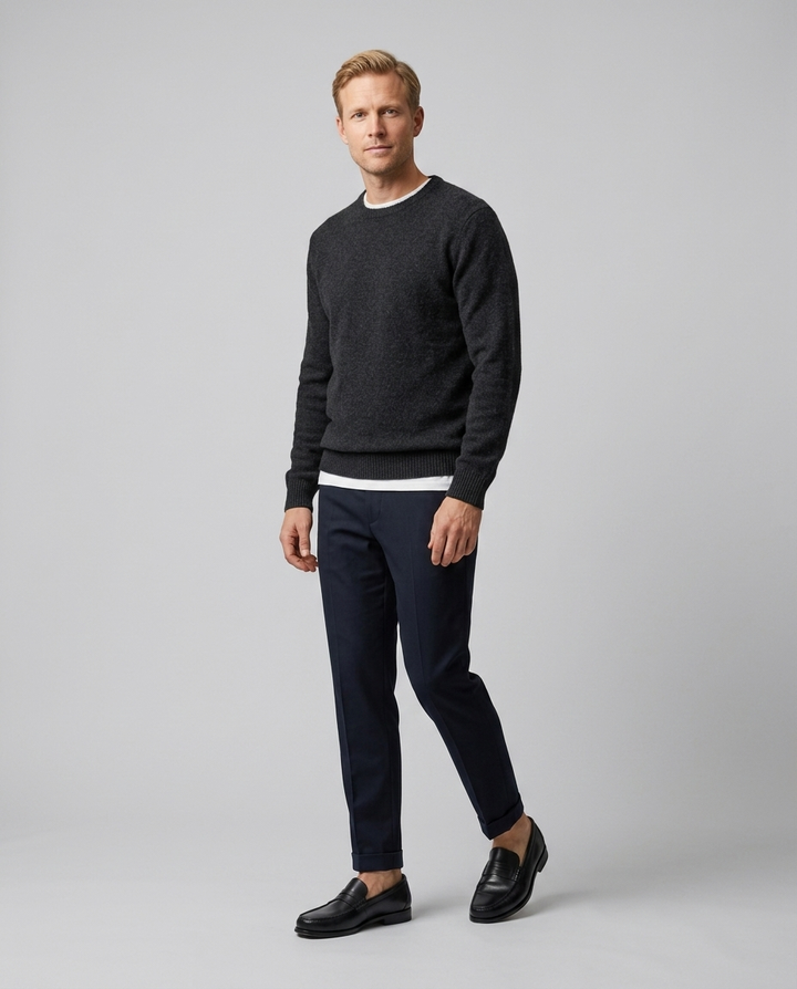 Men's slip-on penny loafers with moc-toe stitching and low heel