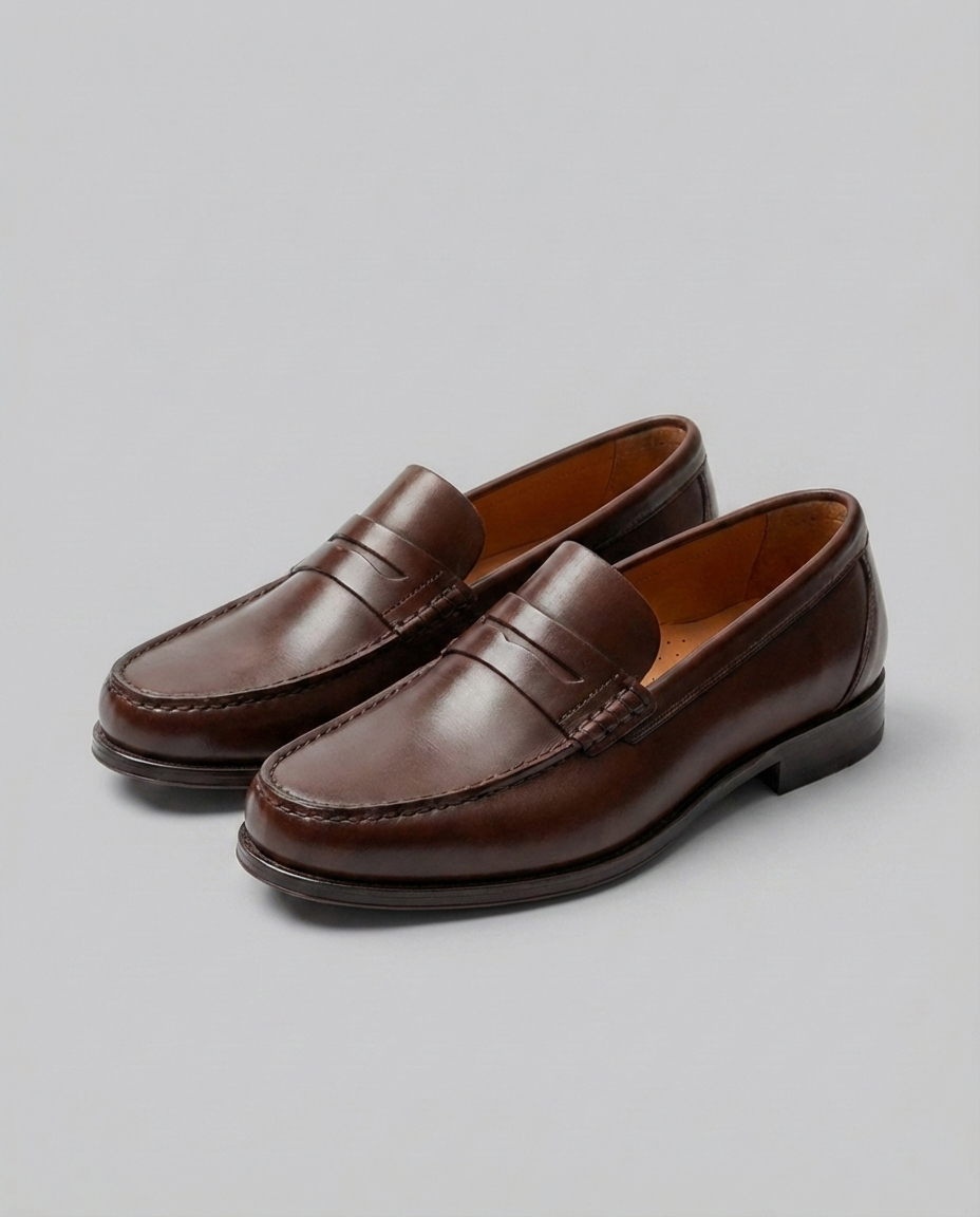 Men's slip-on penny loafers with moc-toe stitching and low heel