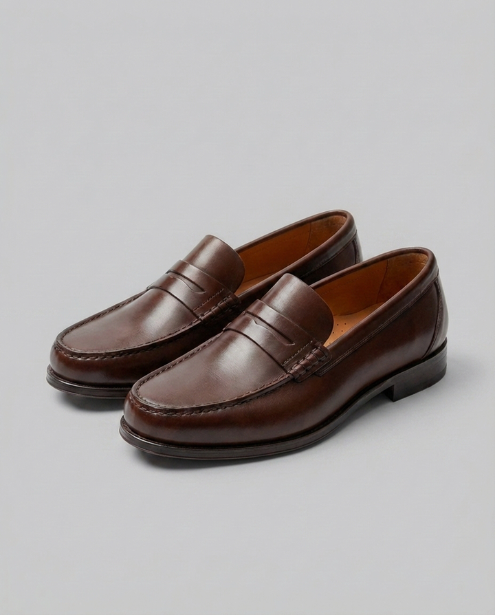 Men's slip-on penny loafers with moc-toe stitching and low heel
