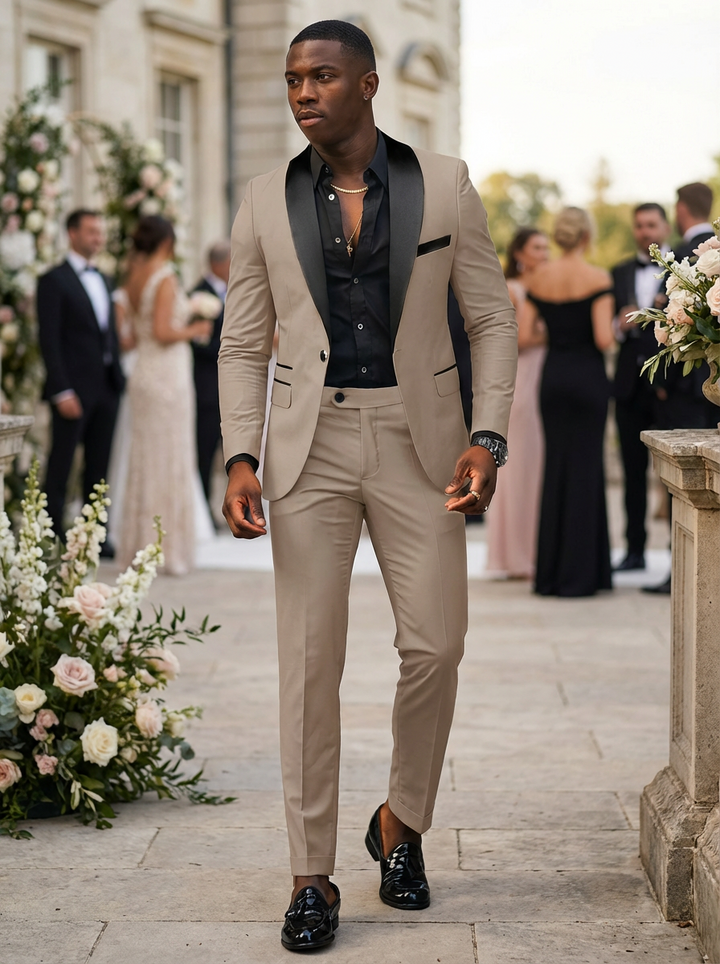 Men's two-piece tuxedo suit with shawl lapels and matching trousers