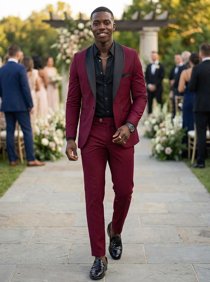 Men's two-piece tuxedo suit with shawl lapels and matching trousers