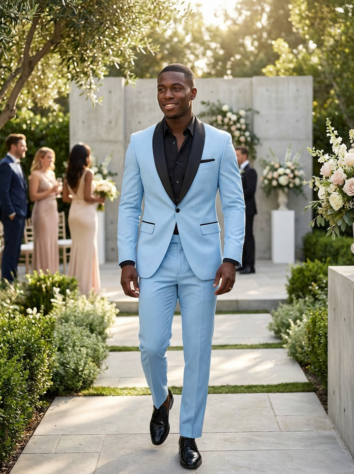 Men's two-piece tuxedo suit with shawl lapels and matching trousers