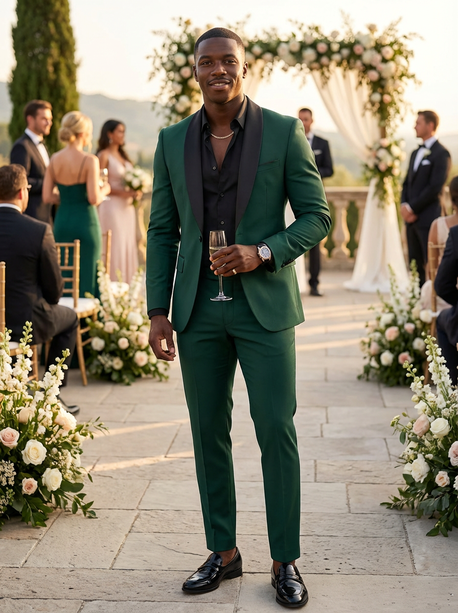 Men's two-piece tuxedo suit with shawl lapels and matching trousers