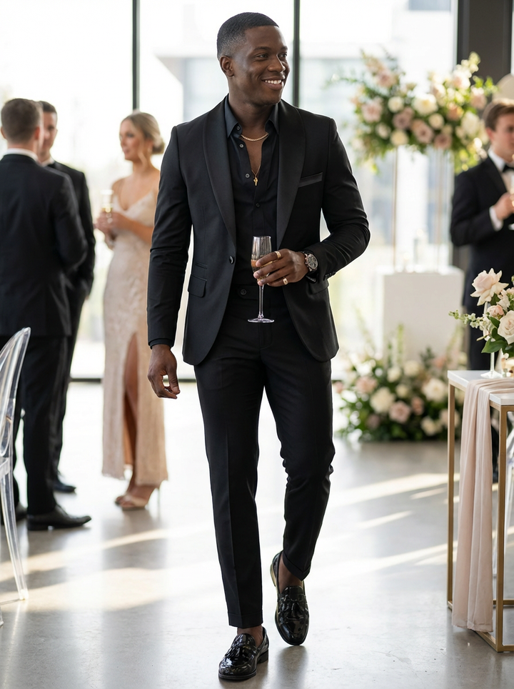 Men's two-piece tuxedo suit with shawl lapels and matching trousers