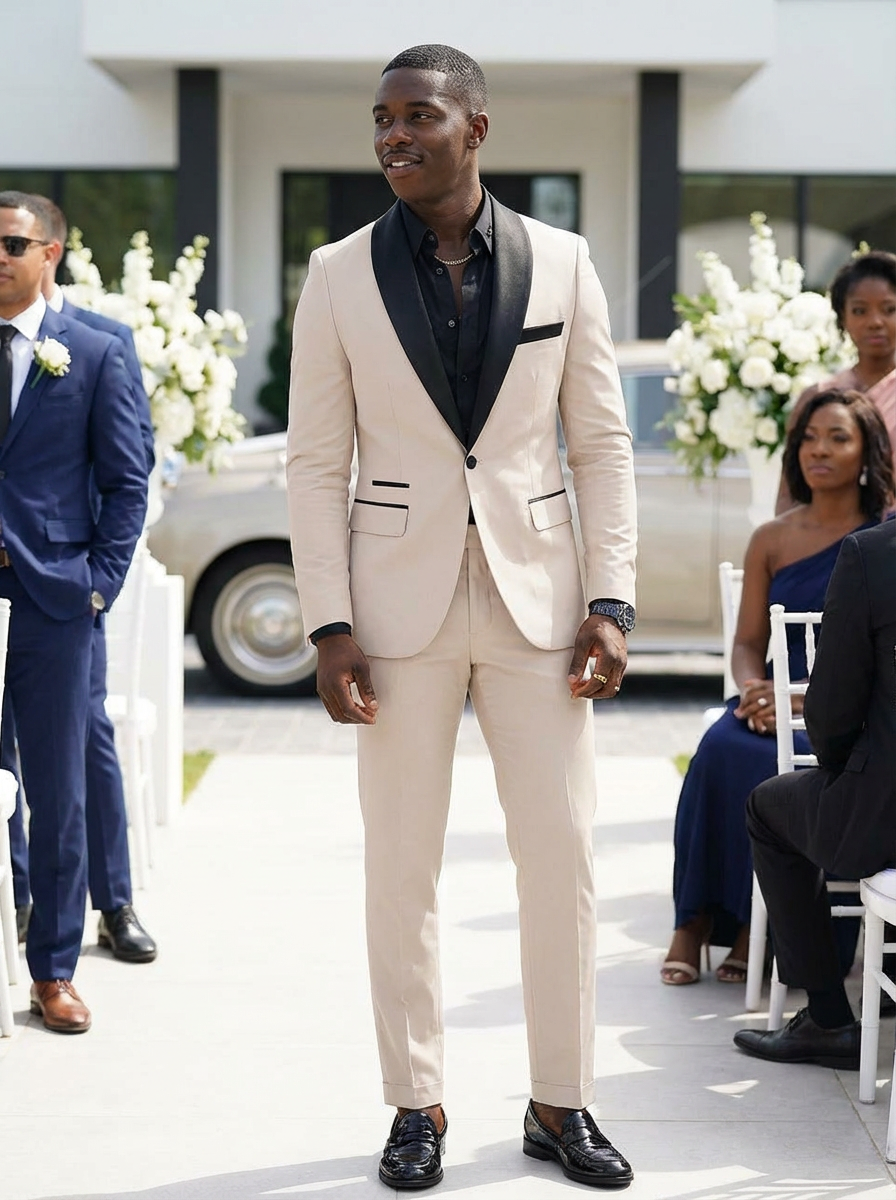 Men's two-piece tuxedo suit with shawl lapels and matching trousers