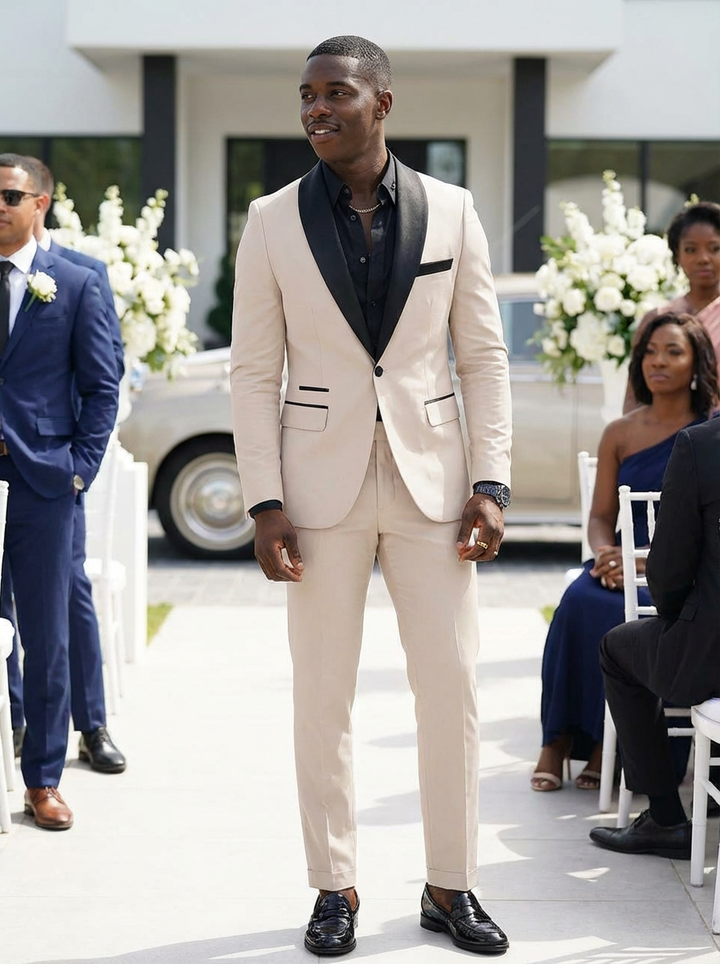 Men's two-piece tuxedo suit with shawl lapels and matching trousers