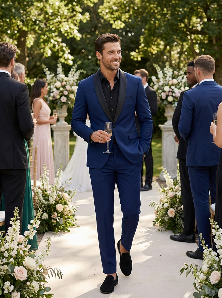 Men's two-piece tuxedo suit with shawl lapels and matching trousers