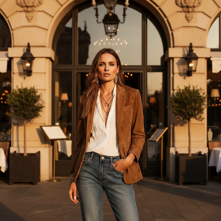 Women's brown button-front blazer with long sleeves and patch pockets