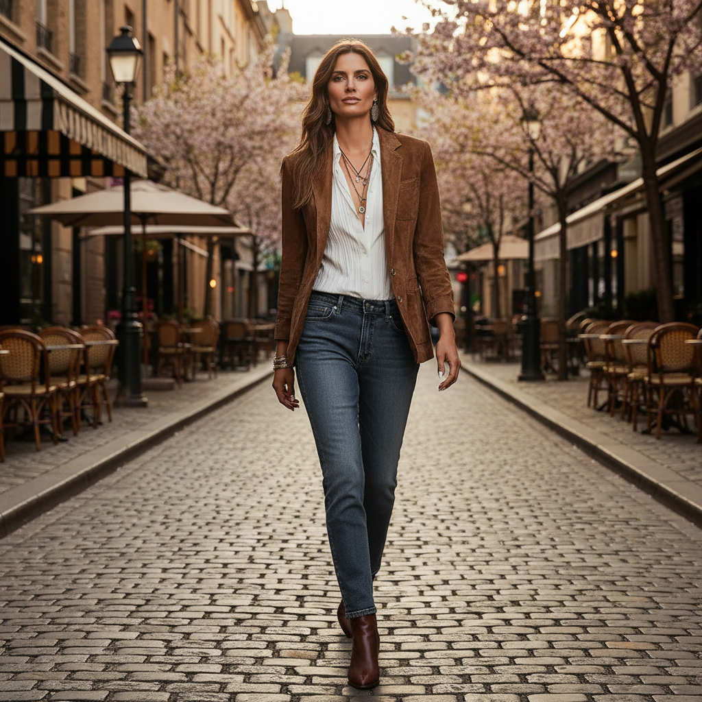 Women's brown button-front blazer with long sleeves and patch pockets