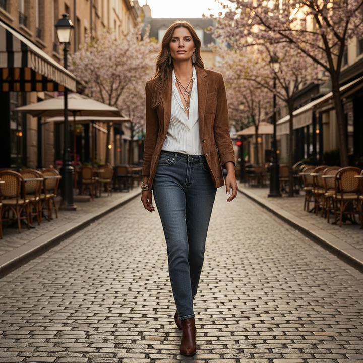 Women's brown button-front blazer with long sleeves and patch pockets