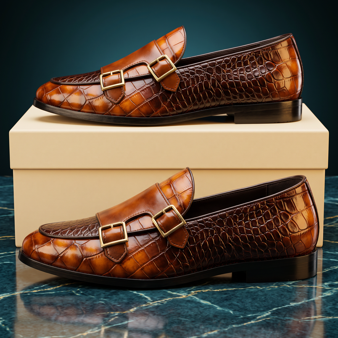 Embossed loafers with double buckle details and low heels