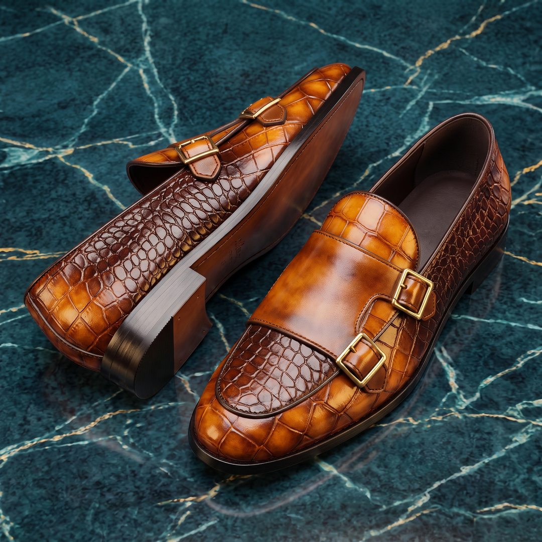 Embossed loafers with double buckle details and low heels