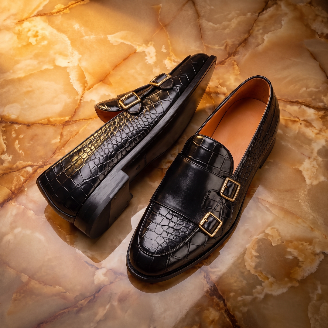 Embossed loafers with double buckle details and low heels