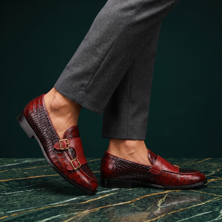 Embossed loafers with double buckle details and low heels