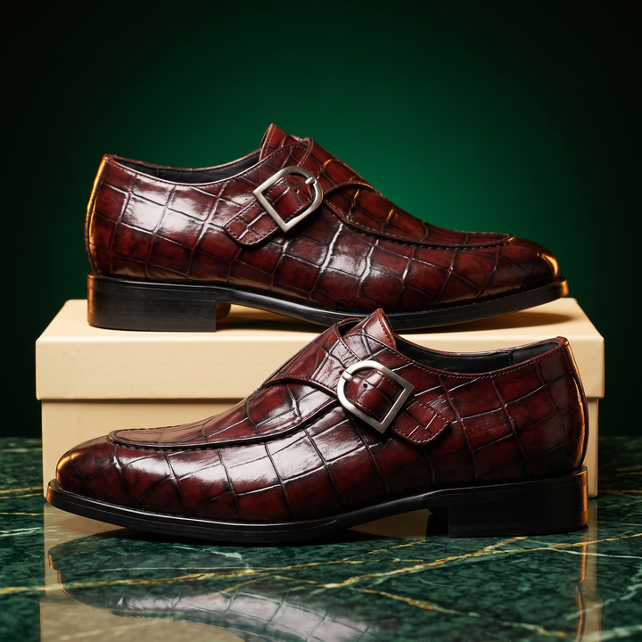 Men's glossy crocodile-effect loafers with buckle straps and low heels