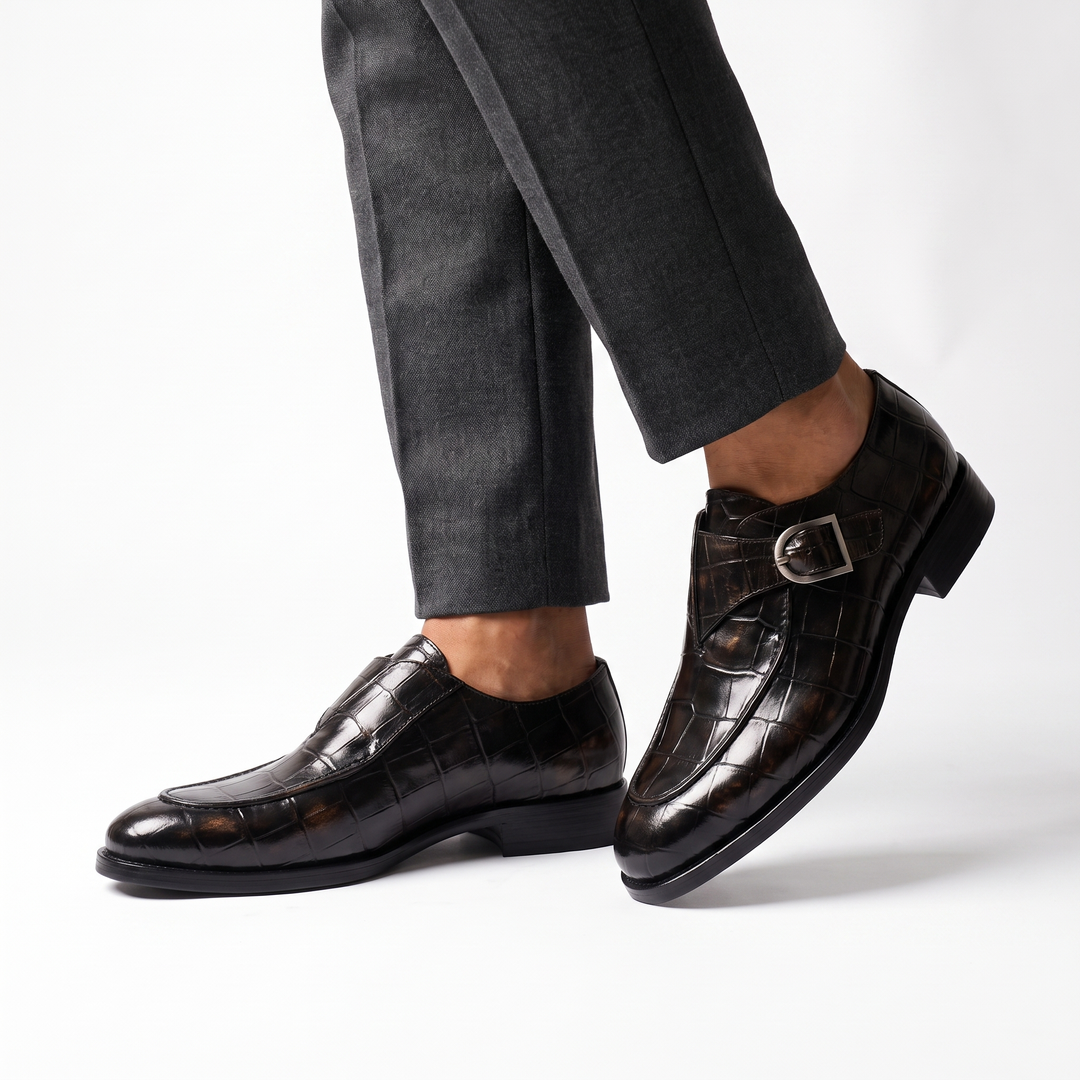 Men's glossy crocodile-effect loafers with buckle straps and low heels