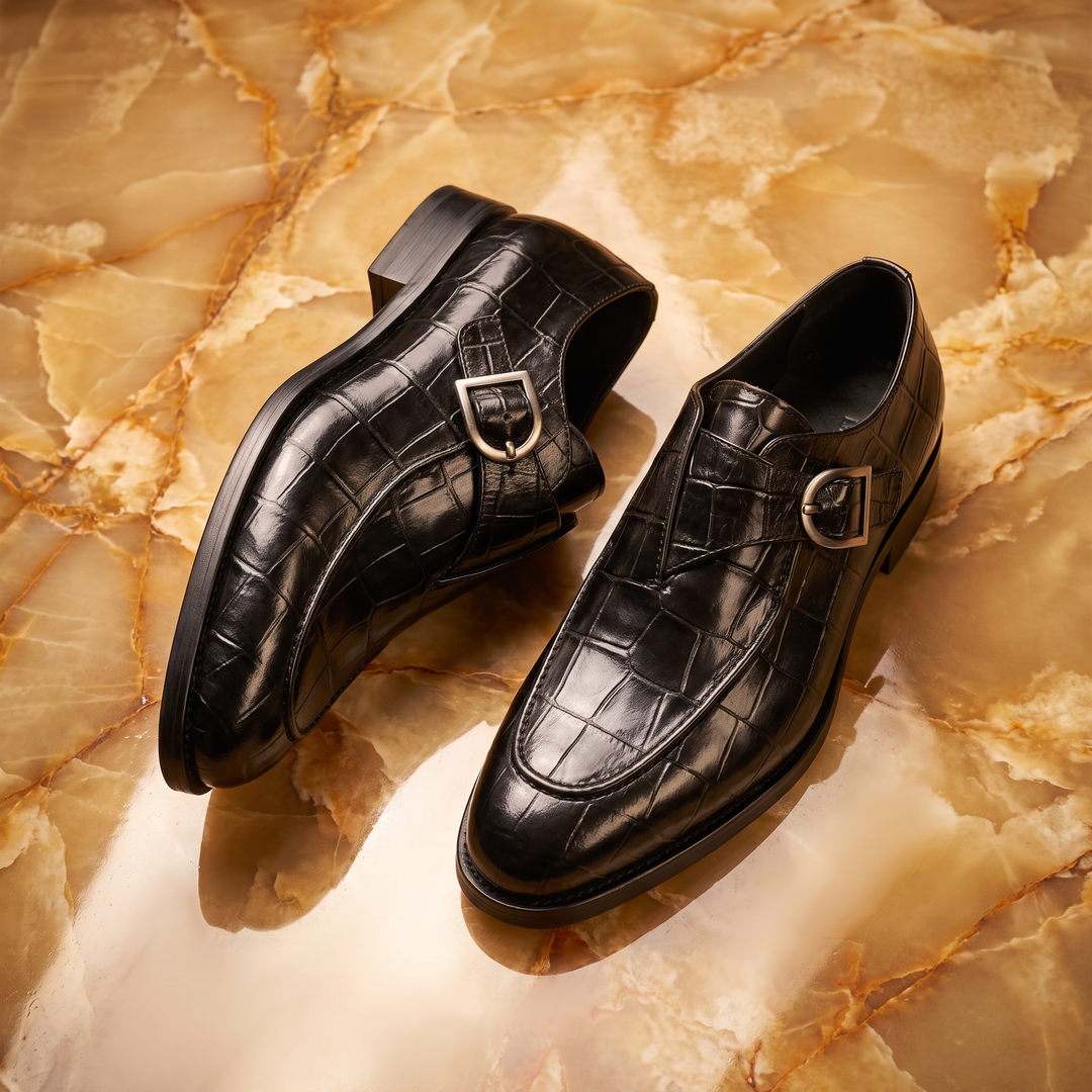 Men's glossy crocodile-effect loafers with buckle straps and low heels