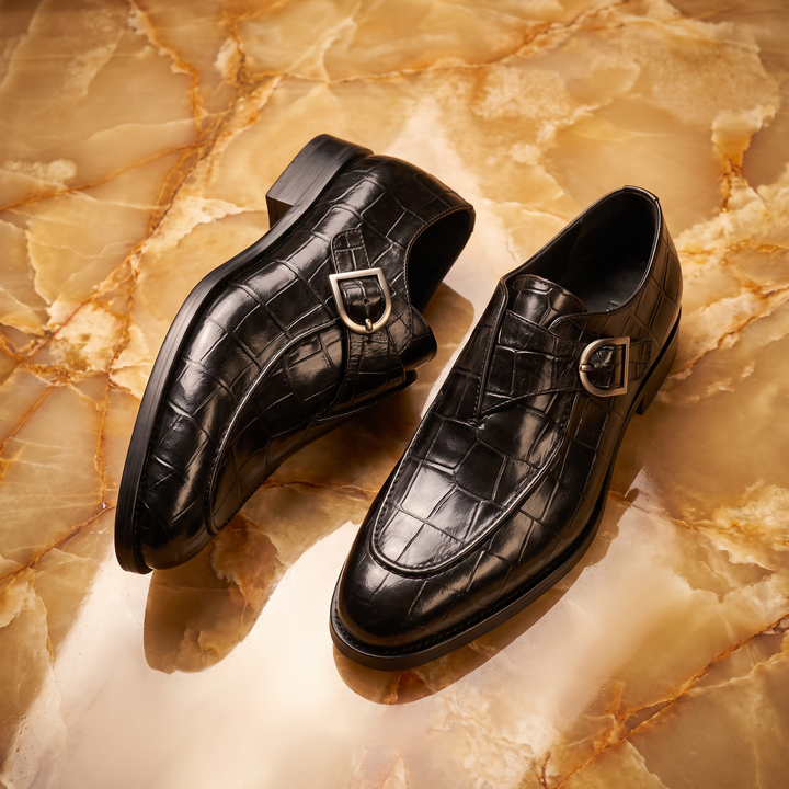 Men's glossy crocodile-effect loafers with buckle straps and low heels