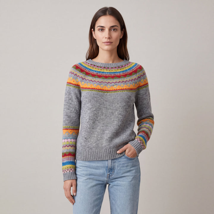 Women's multicoloured patterned boat neck jumper with long sleeves