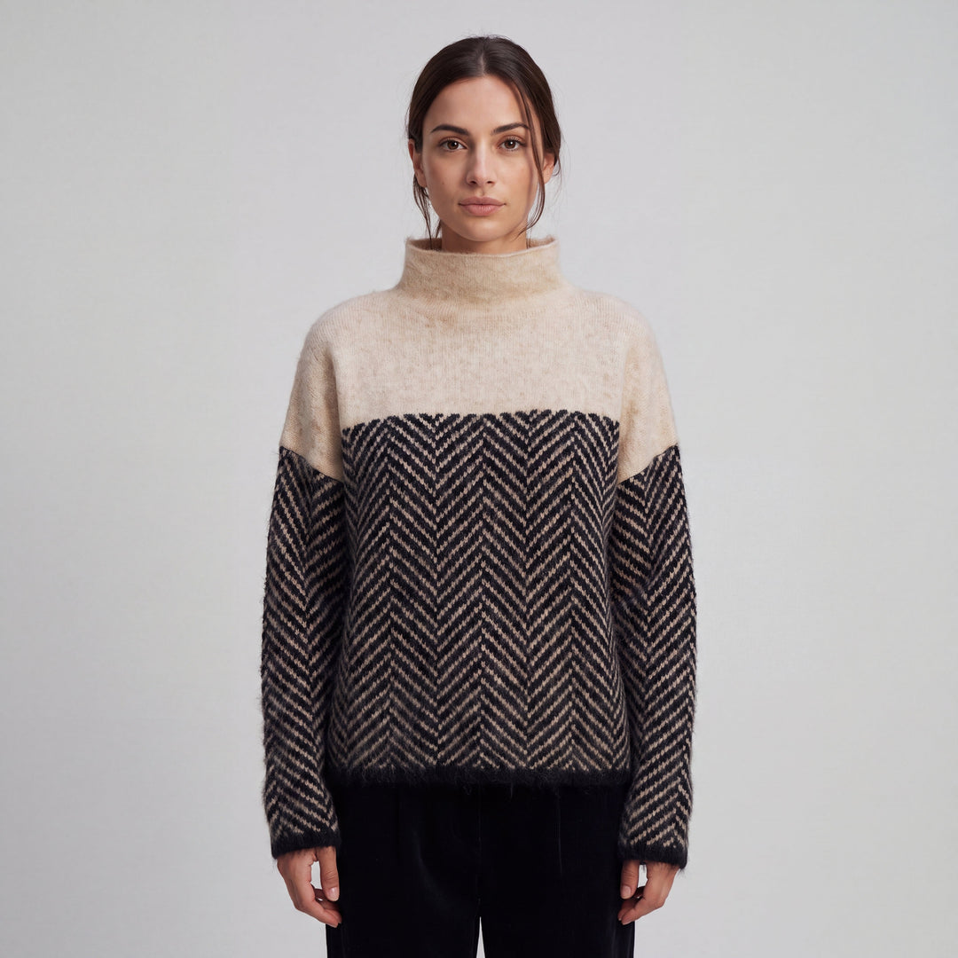 Women's long-sleeve turtleneck jumper with contrasting herringbone knit pattern