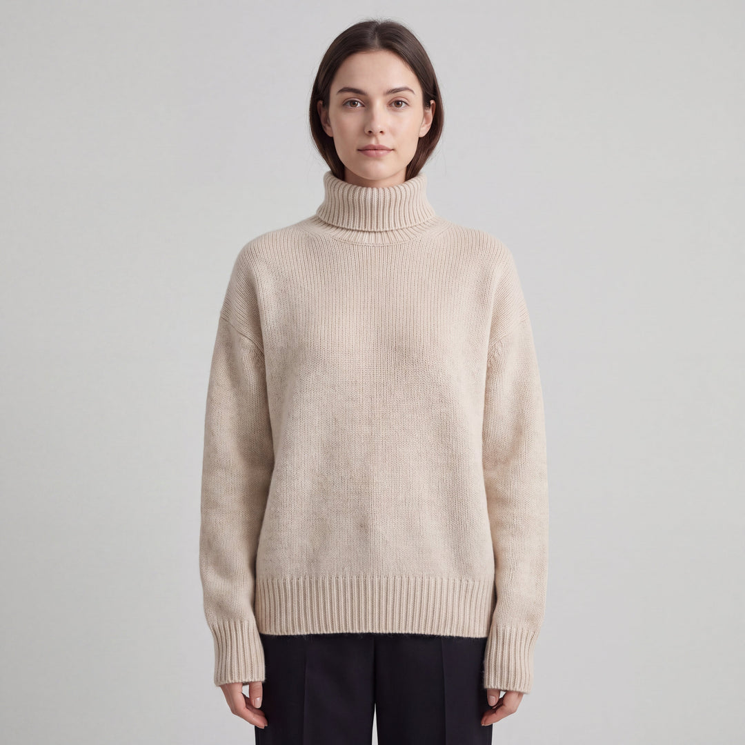 Women's ribbed turtleneck jumper with long sleeves and relaxed fit
