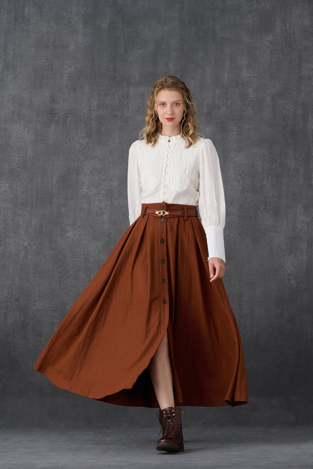 Women's brown button-front A-line midi skirt with belt