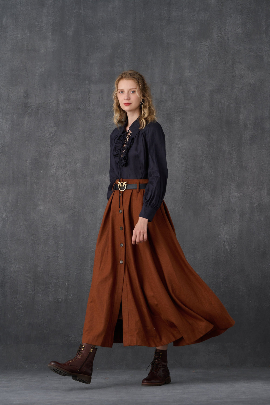 Women's brown button-front A-line midi skirt with belt