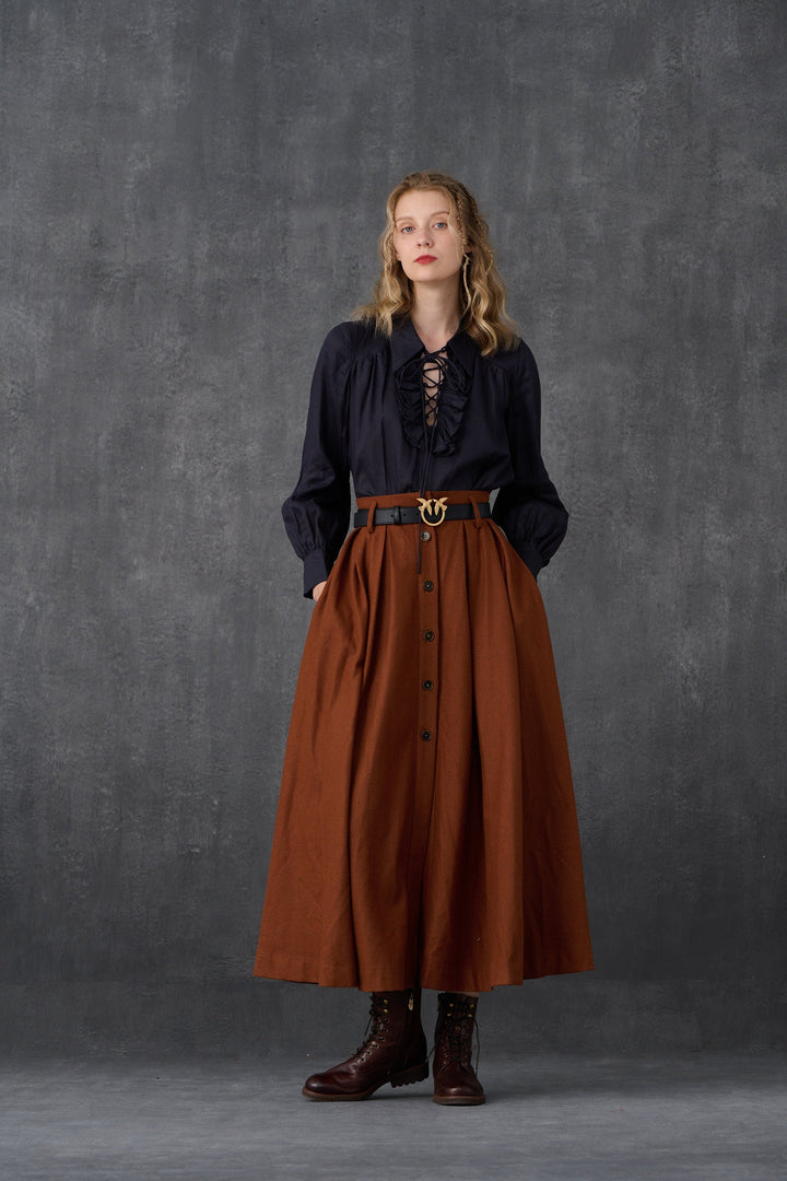 Women's brown button-front A-line midi skirt with belt