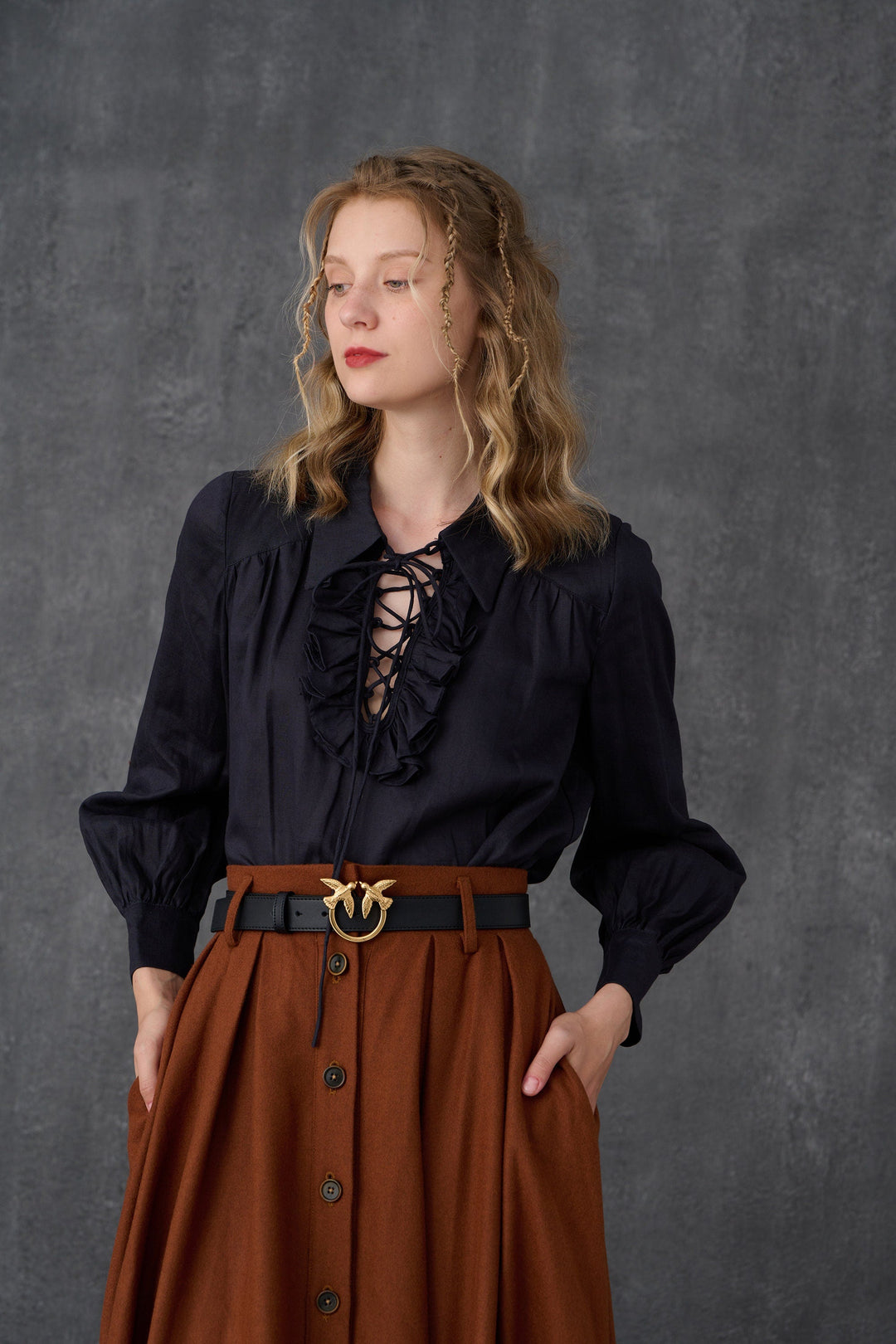 Women's brown button-front A-line midi skirt with belt