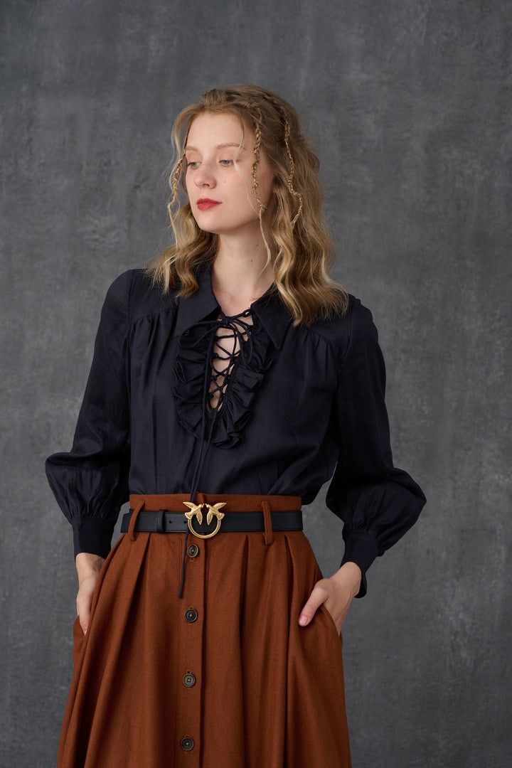 Women's brown button-front A-line midi skirt with belt