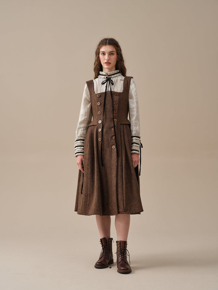 Women's brown herringbone pinafore midi dress with buttons and belt