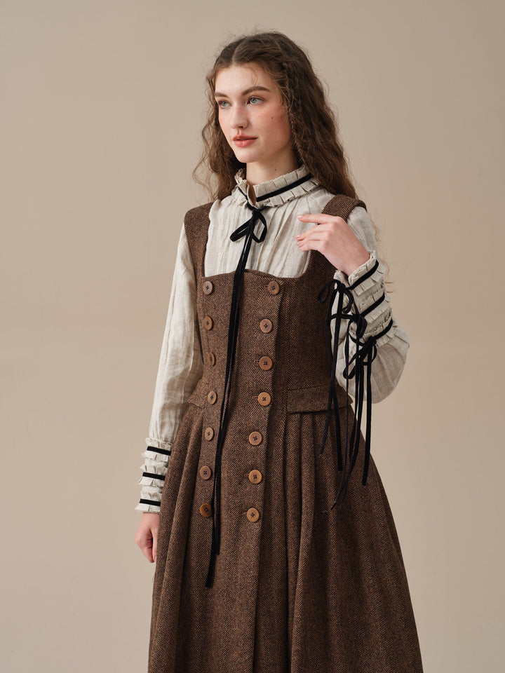 Women's brown herringbone pinafore midi dress with buttons and belt