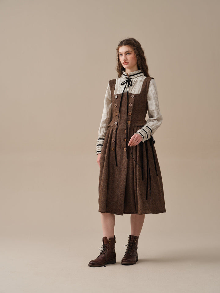 Women's brown herringbone pinafore midi dress with buttons and belt